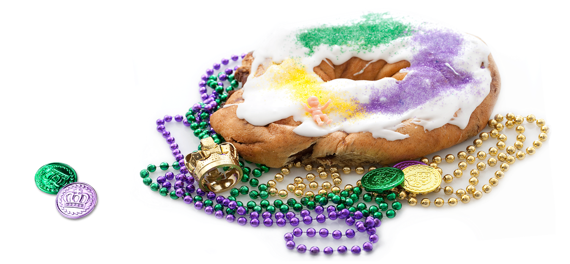 Traditional New Orleans king cake with purple, green, and gold sugar, draped in Mardi Gras beads